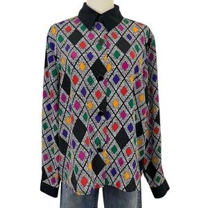 Vintage Retro Button Up Blouse Womens 16 Black Colourful Diamond Printed 80s EUC